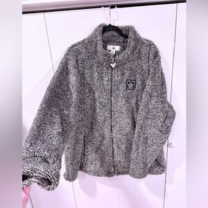 Disney Parks gray sherpa fleece zip-up jacket with a Mickey Mouse icon Plus